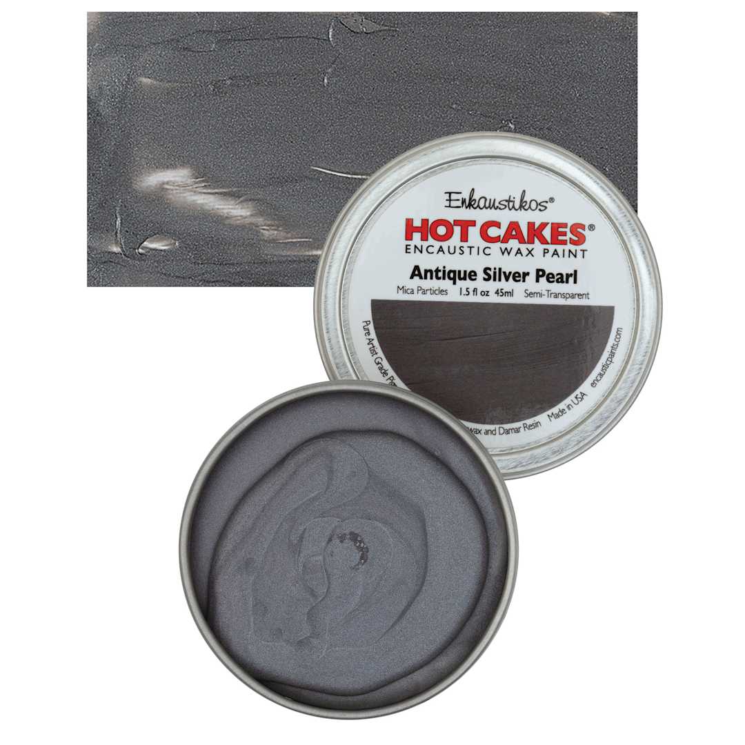 Open in modal - Enkaustikos Hot Cakes Encaustic Wax Paint - Antique Silver Pearl, 45 ml tin and swatch
