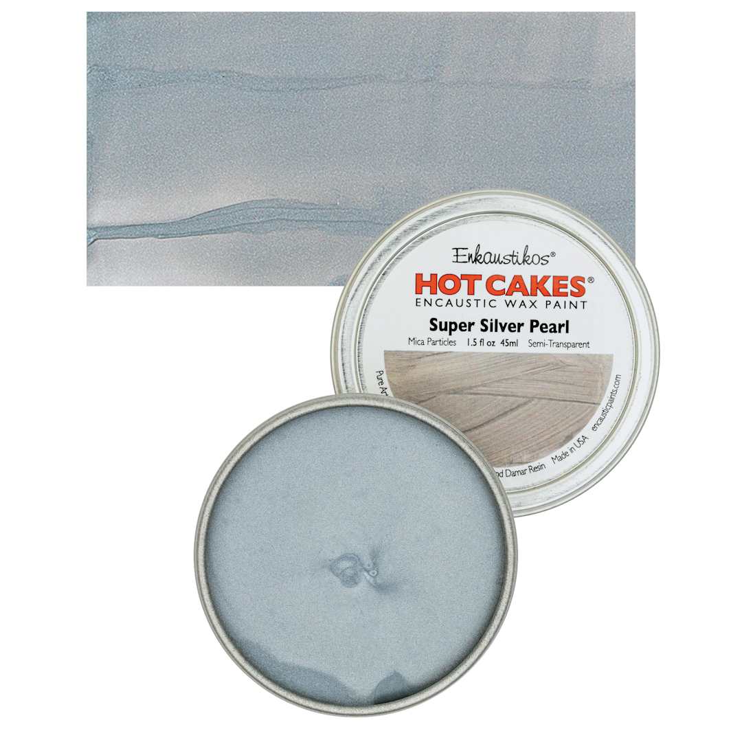 Open in modal - Enkaustikos Hot Cakes Encaustic Wax Paint - Super Silver Pearl, 45 ml tin and swatch