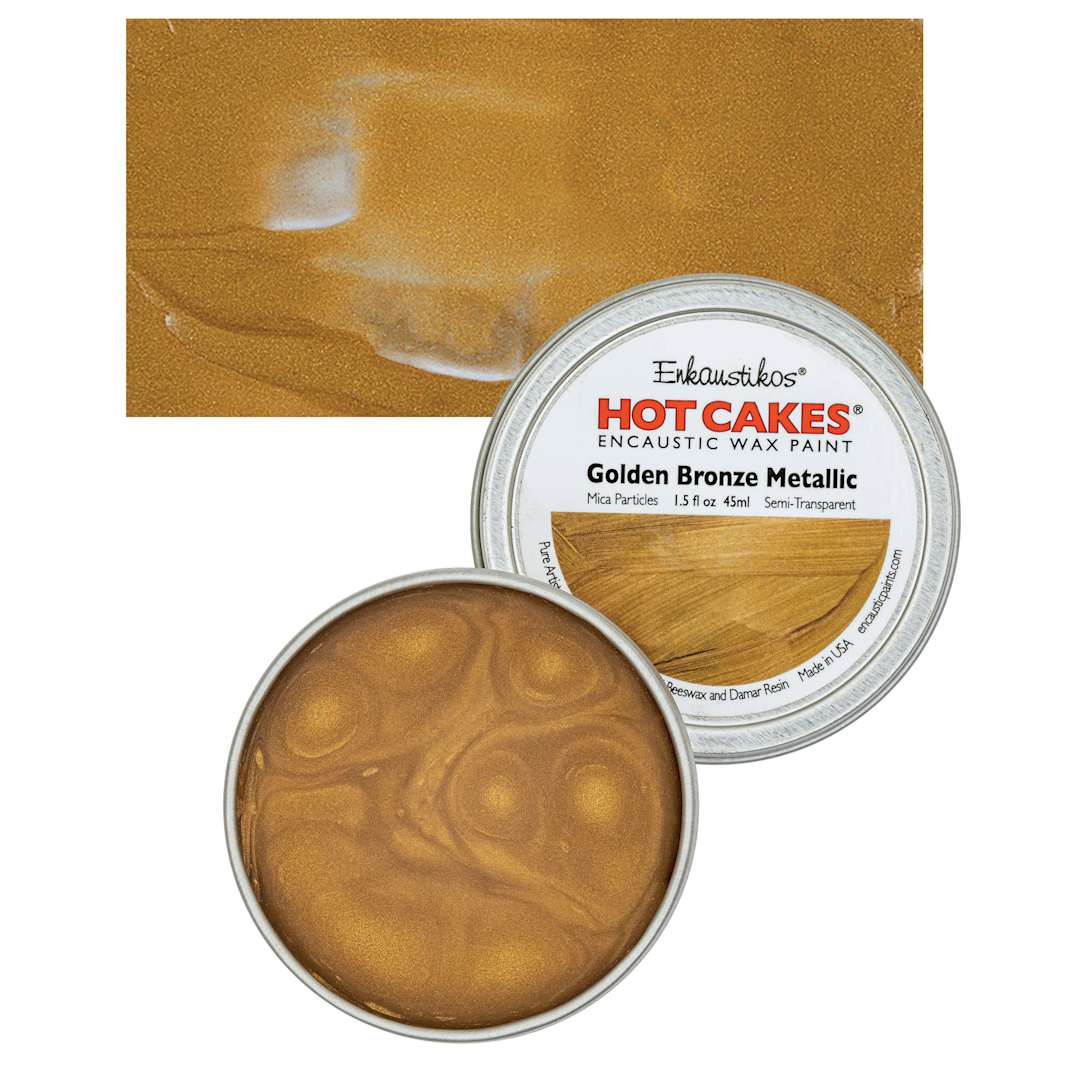 Open in modal - Enkaustikos Hot Cakes Encaustic Wax Paint - Golden Bronze Metallic, 45 ml tin and swatch