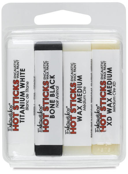 Open in modal - Enkaustikos Hot Sticks Encaustic Paint Sets - Front of package of 4 Pc Set of Basic Colors