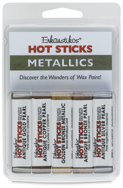 Open in modal - Enkaustikos Hot Sticks Encaustic Paint Sets - Front of package of 5 pc Metallics Set