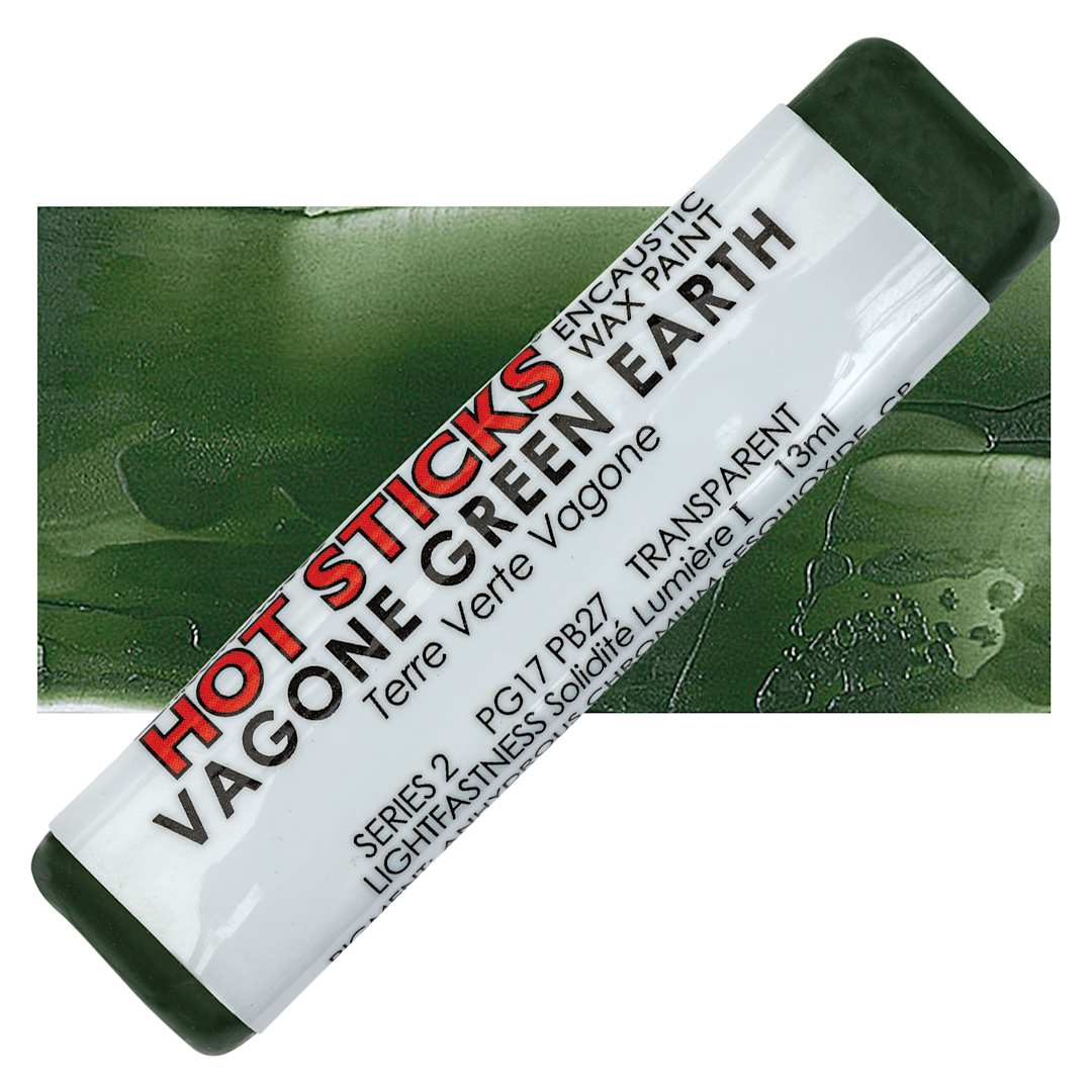 Open in modal - Enkaustikos Hot Sticks Encaustic Wax Paint - Vagone Green Earth, 13 ml stick and swatch