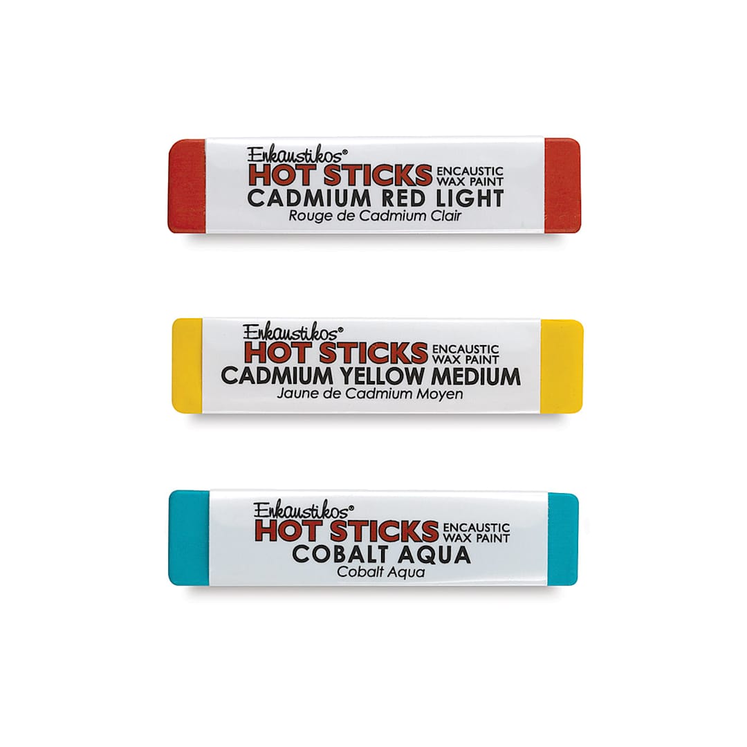 Open in modal - Enkaustikos Hot Sticks Encaustic Paint - Red, Yellow and Aqua sticks shown horizontally 