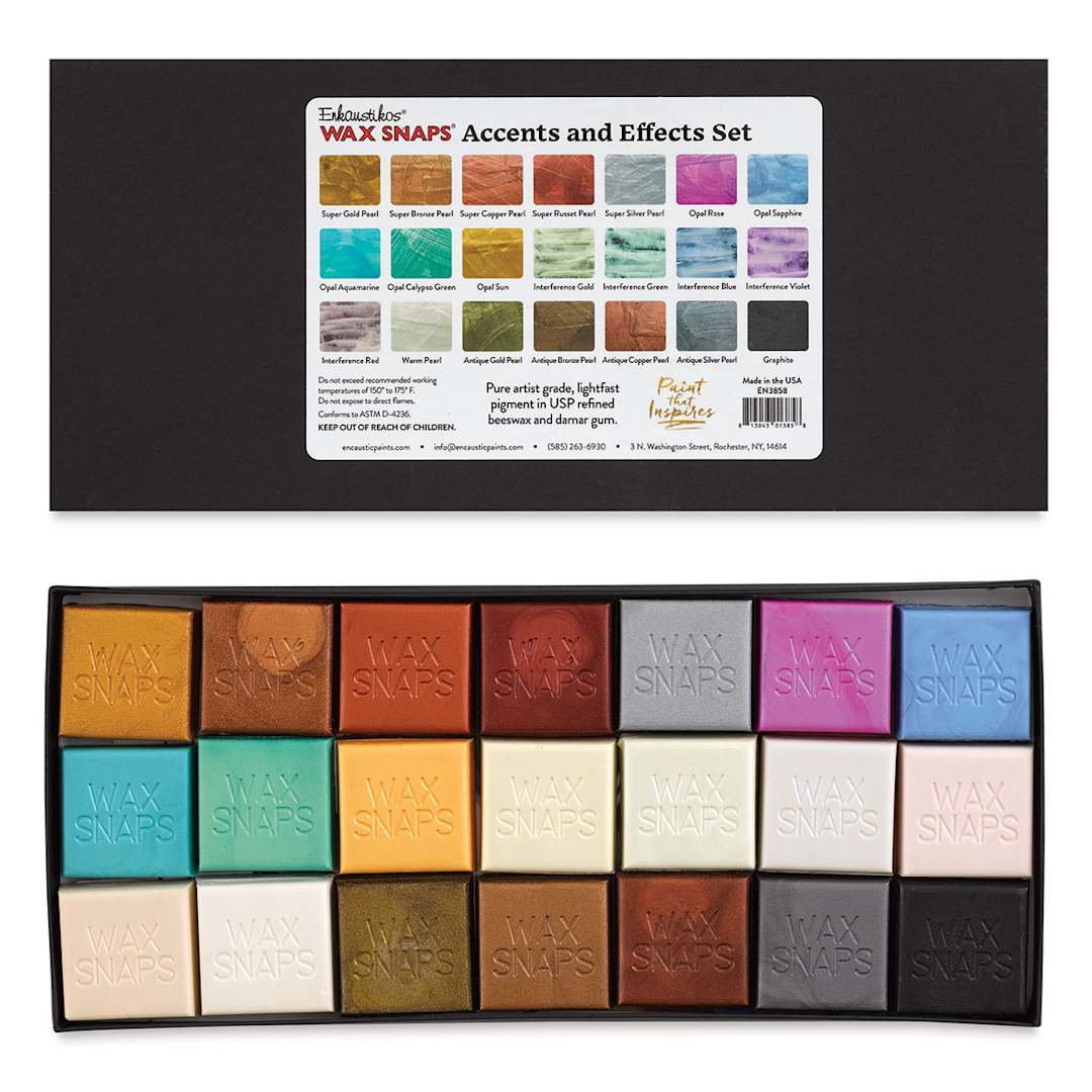 Open in modal - Enkaustikos Wax Snaps Encaustic Paints - Set of 21 Accents and Effects  snaps in packaging with Lid