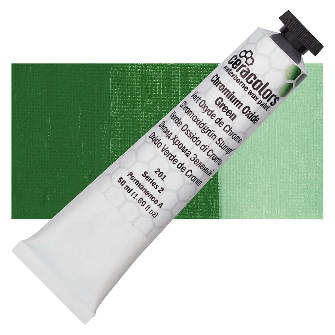 Open in modal - Ceracolors Waterborne Wax Paint - Chromium Green Oxide - Tube and Swatch
