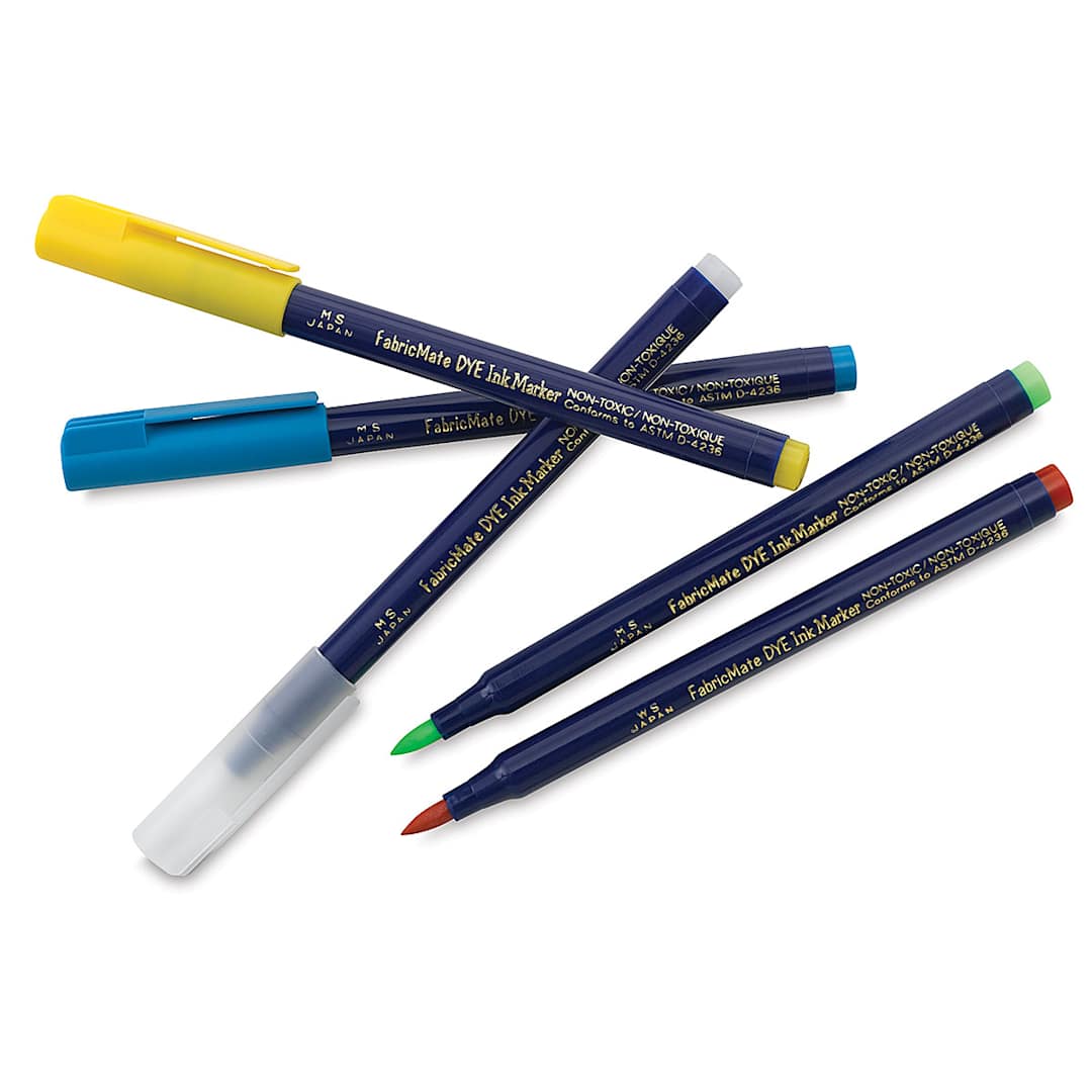 Open in modal - Yasutomo FabricMate DYE Ink Markers - Assorted markers shown in pile, 2 uncapped