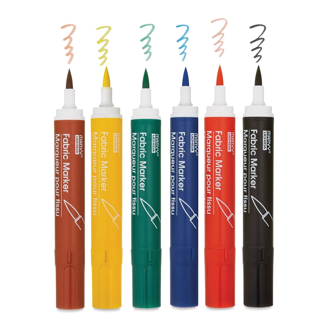 Open in modal - Marvy Fabric Brush Markers - Basic Colors, six markers out of packaging with cap off