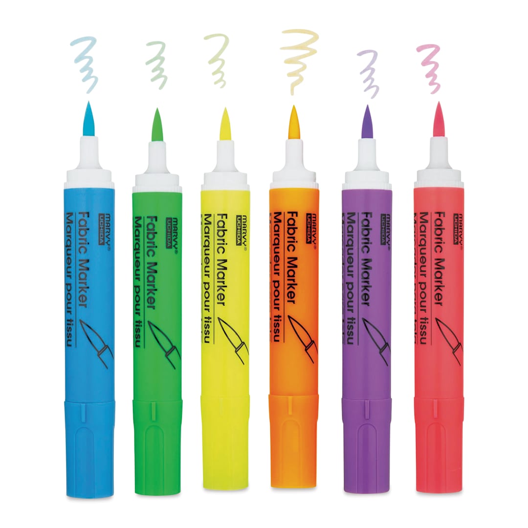 Open in modal - Marvy Fabric Brush Markers - Fluorescent Colors, six markers out of packaging with cap off