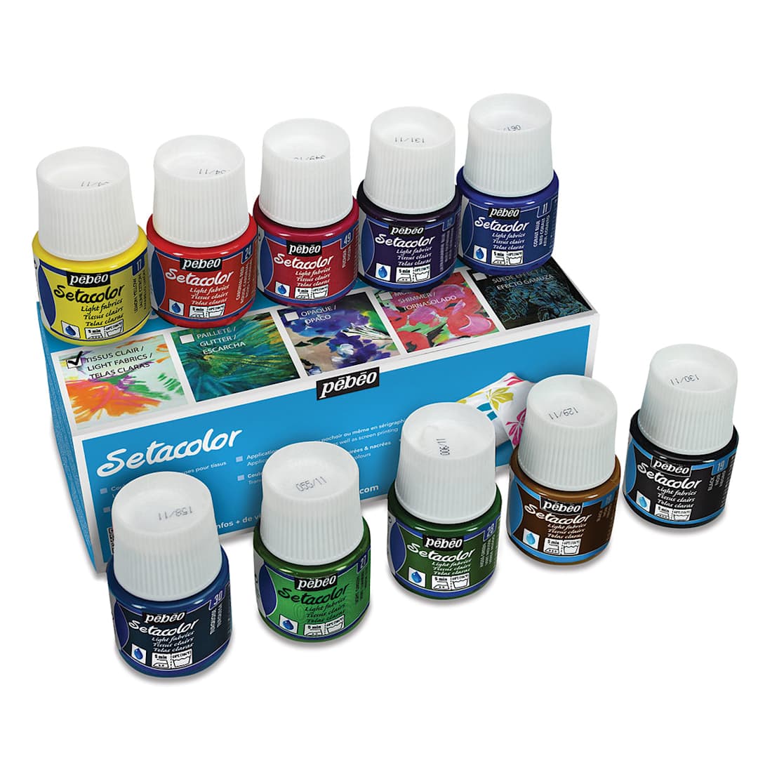 Open in modal - Pebeo Setacolor Fabric Paint - Set of 10 Light Fabric colors shown on top of and in front of package