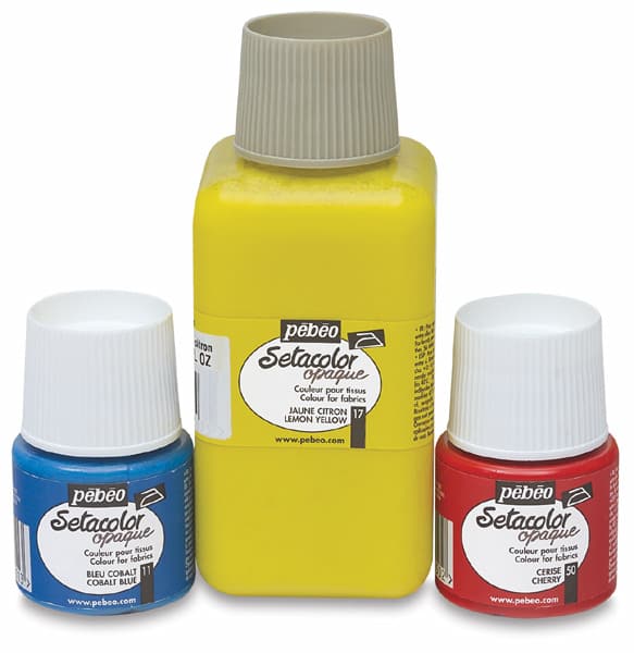 Open in modal - Pebeo Setacolor Fabric Paints - Large Yellow and Small Blue and Red bottles in row