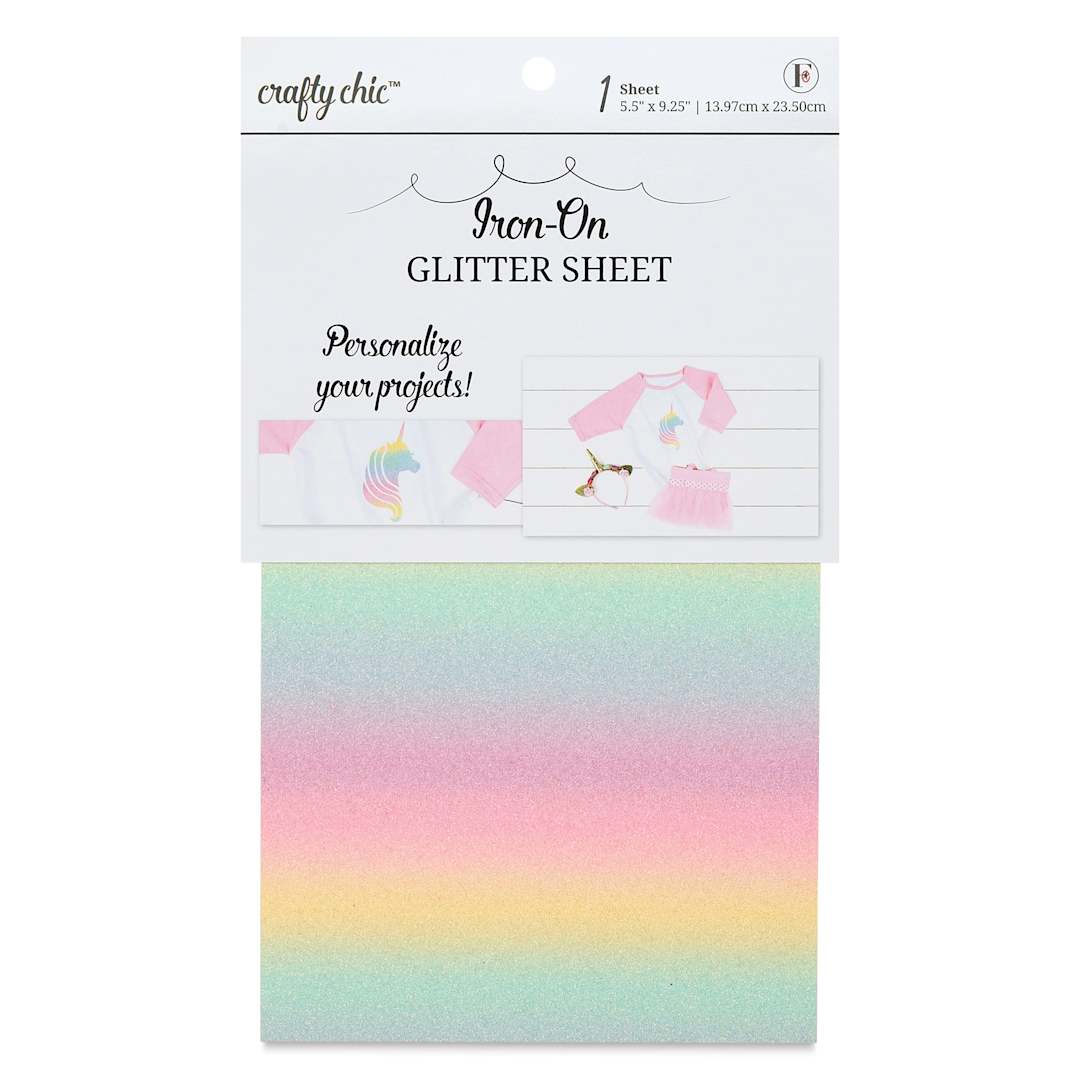 Open in modal - Crafty Chic Iron-On Glitter Sheet - Rainbow, 5.5" x 9.25" front of packaging