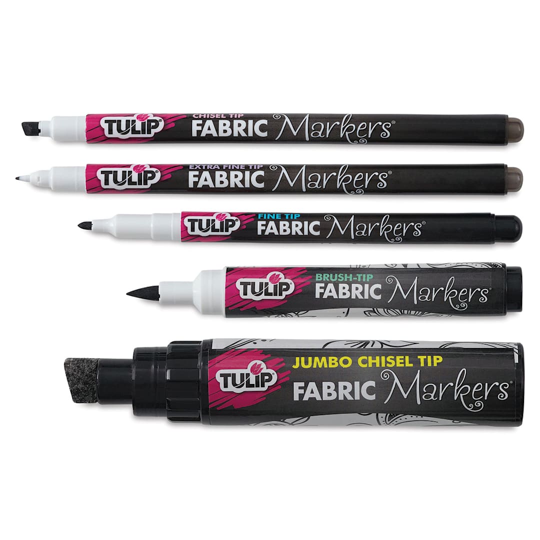 Open in modal - Tulip Fabric Markers Variety Pack - 5 Black markers with assorted tips shown horizontally
