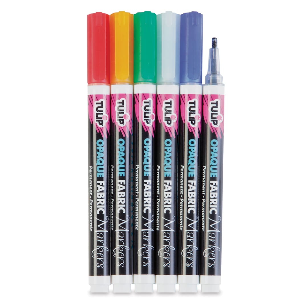 Open in modal - Tulip Opaque Bullet Tip Fabric Markers - 6 Primary Markers upright with one uncapped