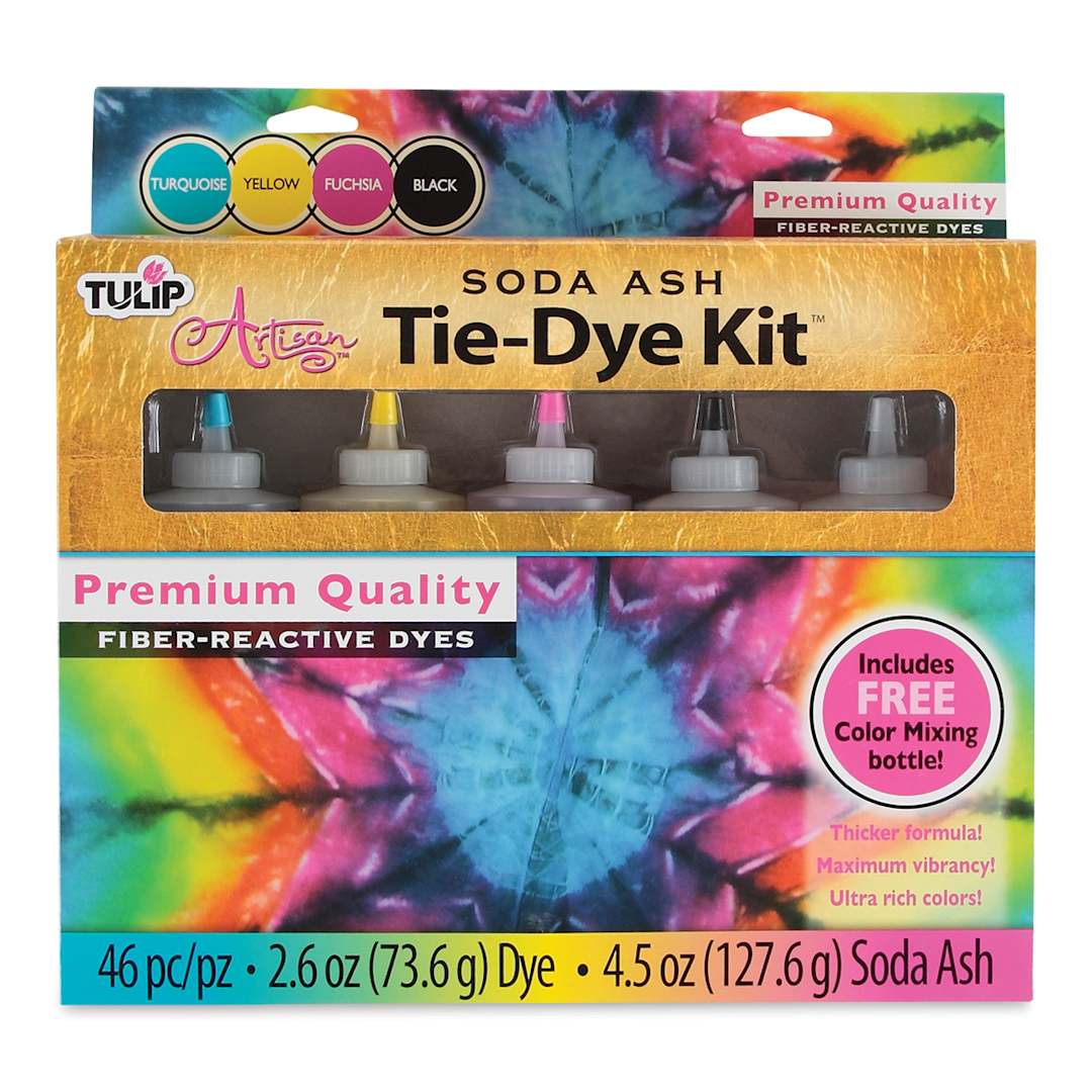 Open in modal - Tulip Artisan Soda Ash Tie-Dye Kit - Front of package showing color bottles