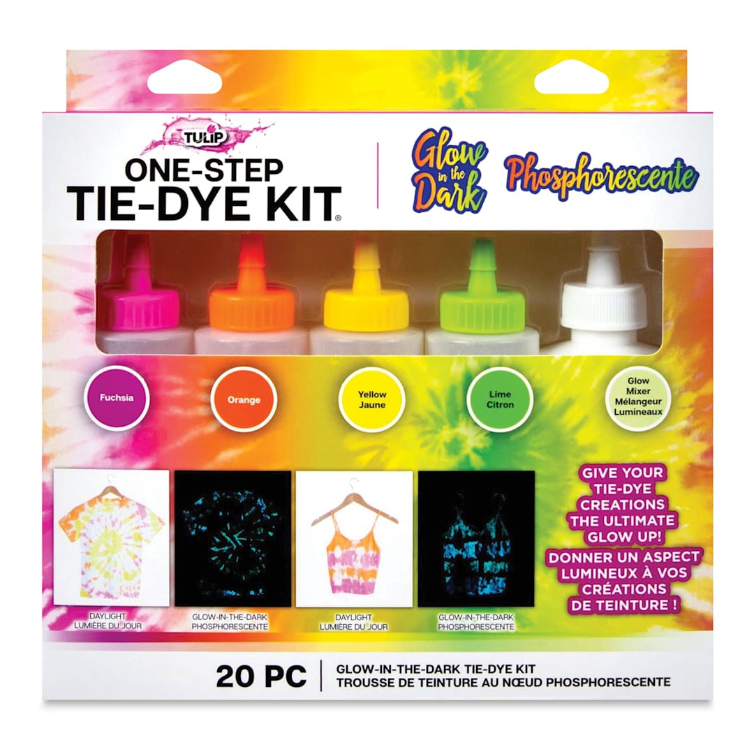 Open in modal - Tulip One-Step Tie-Dye Kit - Glow-in-the-Dark, Kit of 5 Colors (front of packaging)