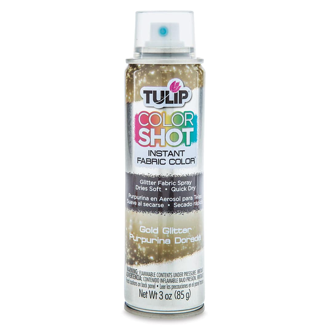 Open in modal - Tulip ColorShot Instant Fabric Color Spray - Front of 3 oz Gold Glitter can