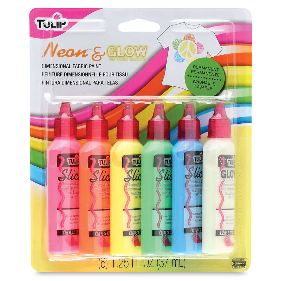 Open in modal - Tulip Dimensional Fabric Paint, Front view of Set of 6 Neon and Glow in the Dark Paints in package