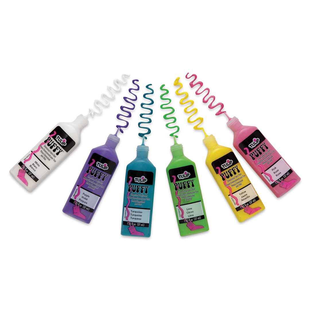 Open in modal - Tulip Dimensional Fabric Paint Set - Puffy Paint Set - 6 Open bottles with swatches