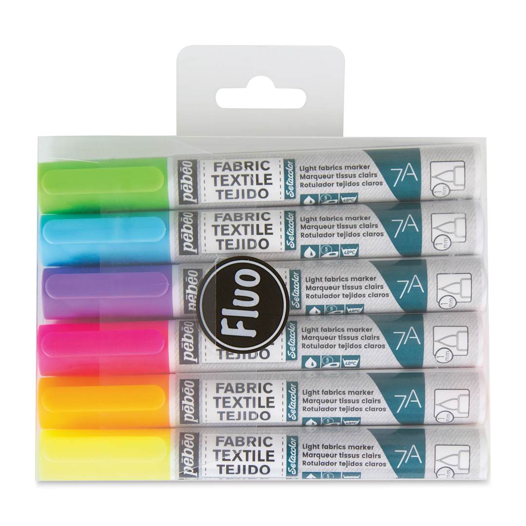 Open in modal - Pebeo 7A Light Fabric Brush Markers - Set of 6, Fluorescent Colors, 1 mm (In packaging)