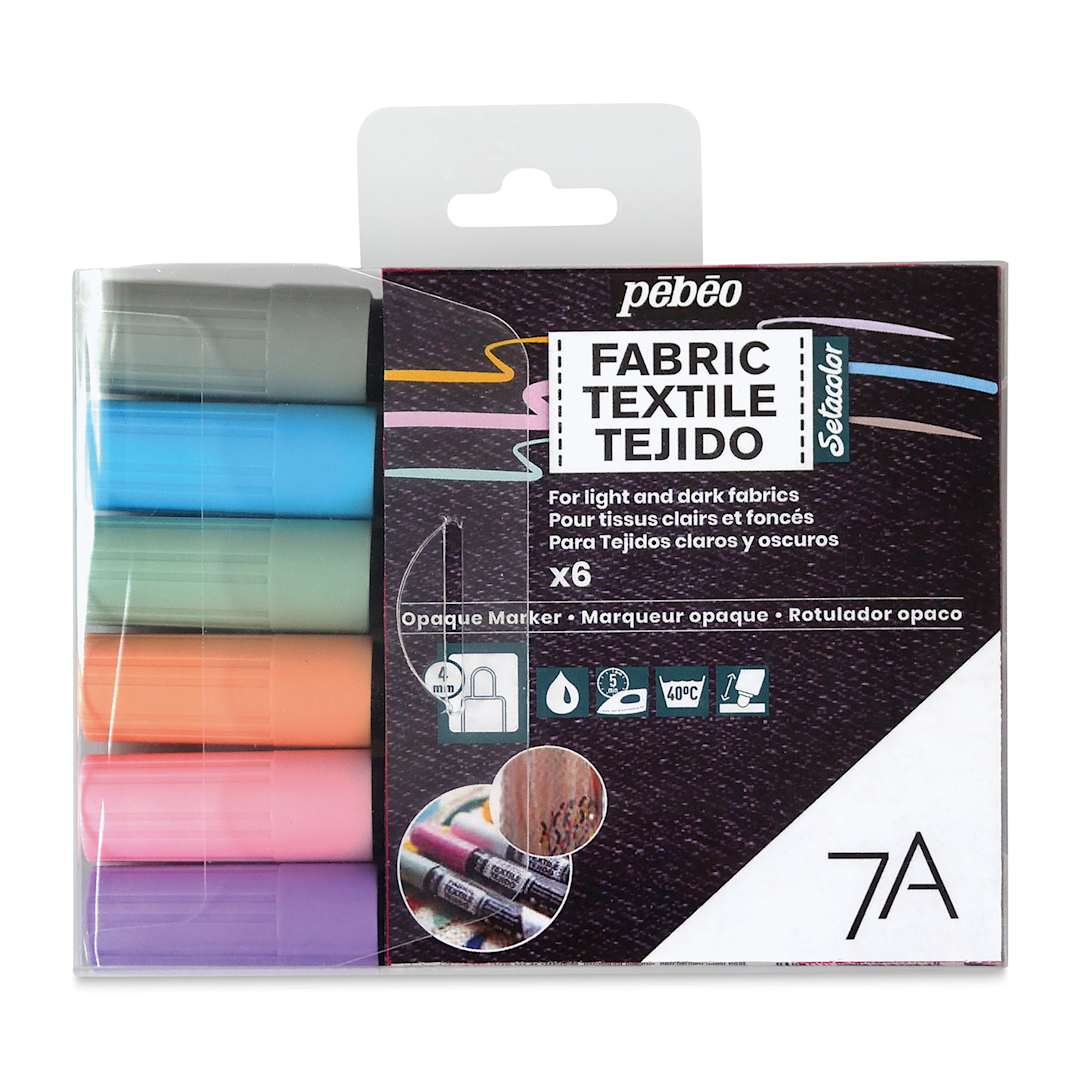 Open in modal - Pebeo 7A Opaque Fabric Markers - Set of 6, Pastel Colors, 4 mm (Front of packaging)