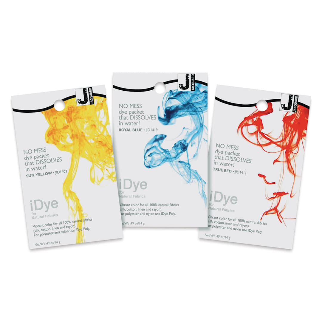 Open in modal - Jacquard iDye for Natural Fabrics - Front of Yellow, Blue and Red packages of Dye