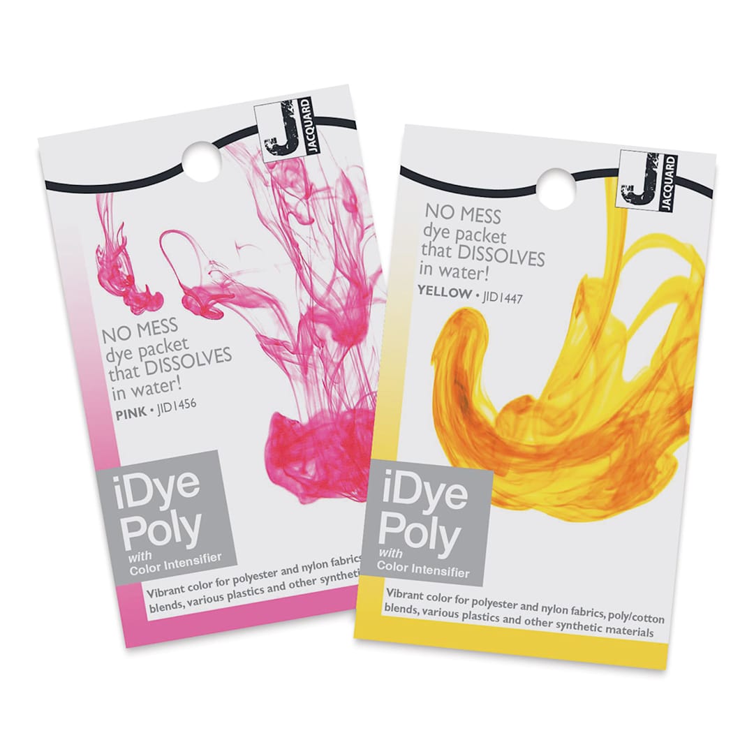 Open in modal - Jacquard iDye for Polyester/Nylon - Front view of Pink and Yellow dye packets