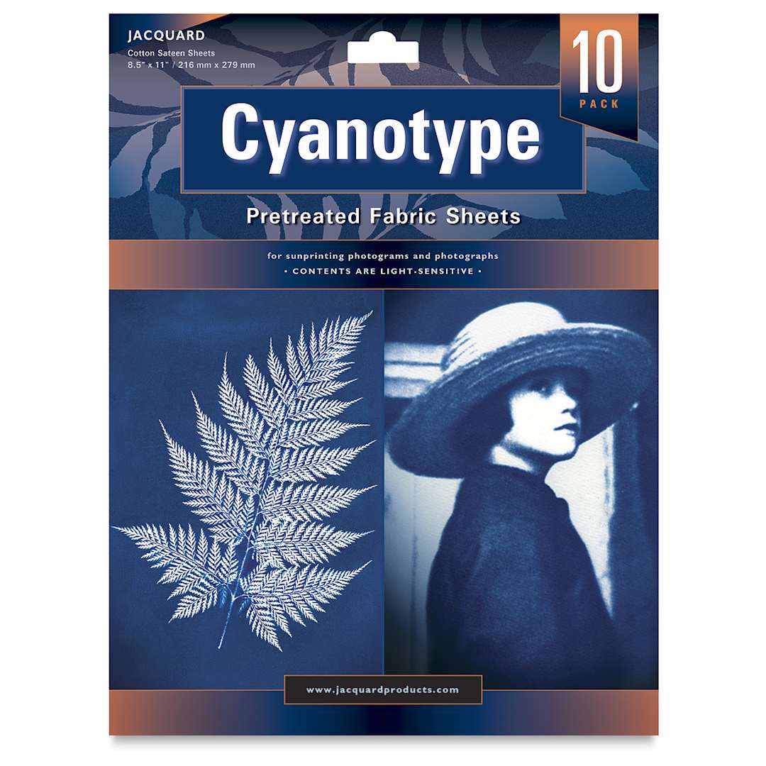 Open in modal - Jacquard Cyanotype Fabric Sheets, Package of 10 sheets, 8 1/2" x 11". Front of package.
