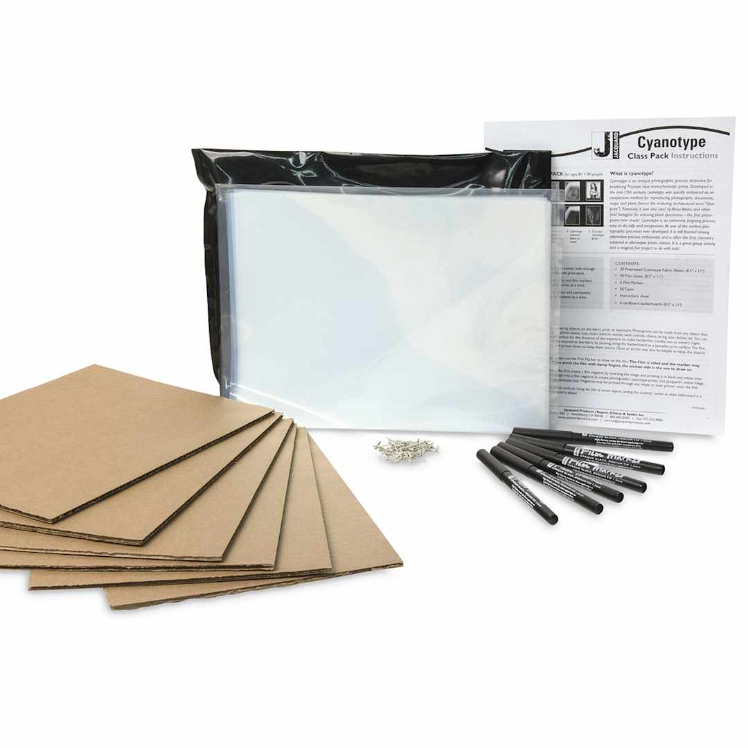 Open in modal - Jacquard Cyanotype - Class Pack. Array of fabric and film sheets, markers, T-pins, backer boards.