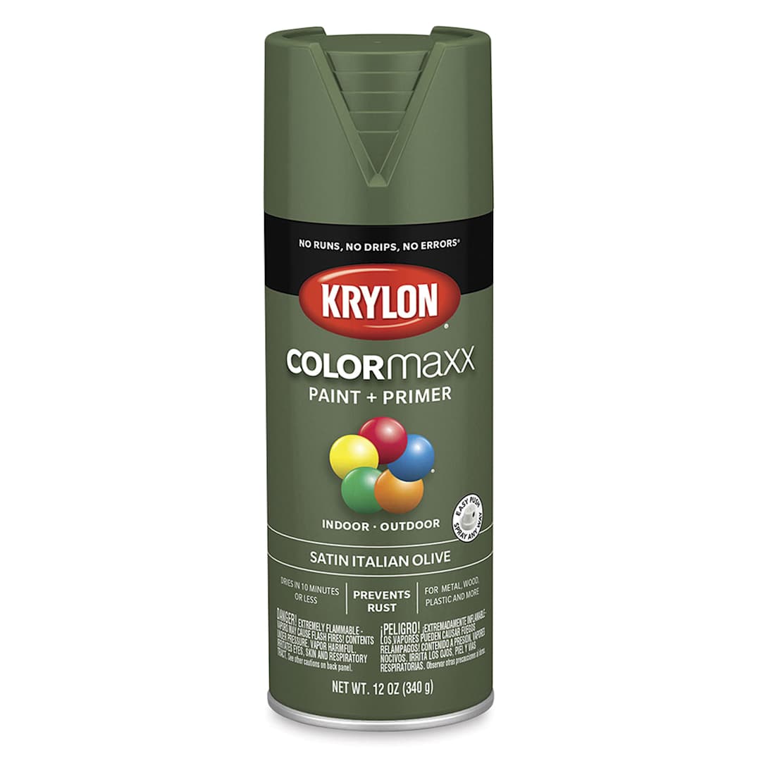 Open in modal - Krylon Colormaxx Spray Paint - Front of 12 oz can of Satin Italian Olive Color
