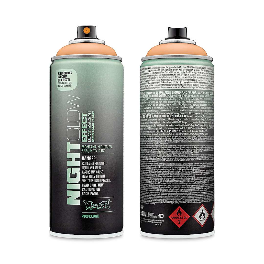 Open in modal - Montana Night Glow Spray - Front and back of cans of Luminescent Orange cans