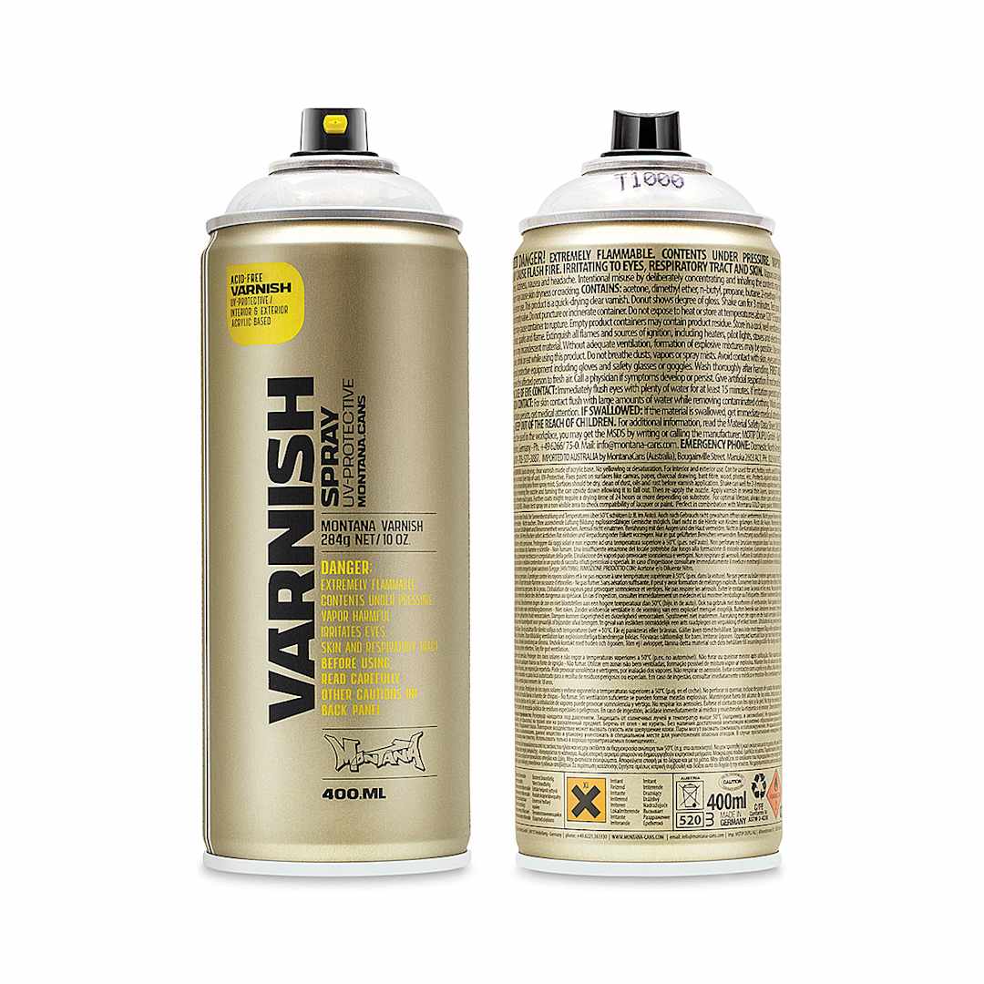 Open in modal - Montana Varnish Spray - Gloss, 400 ml (Front and back of spray can)