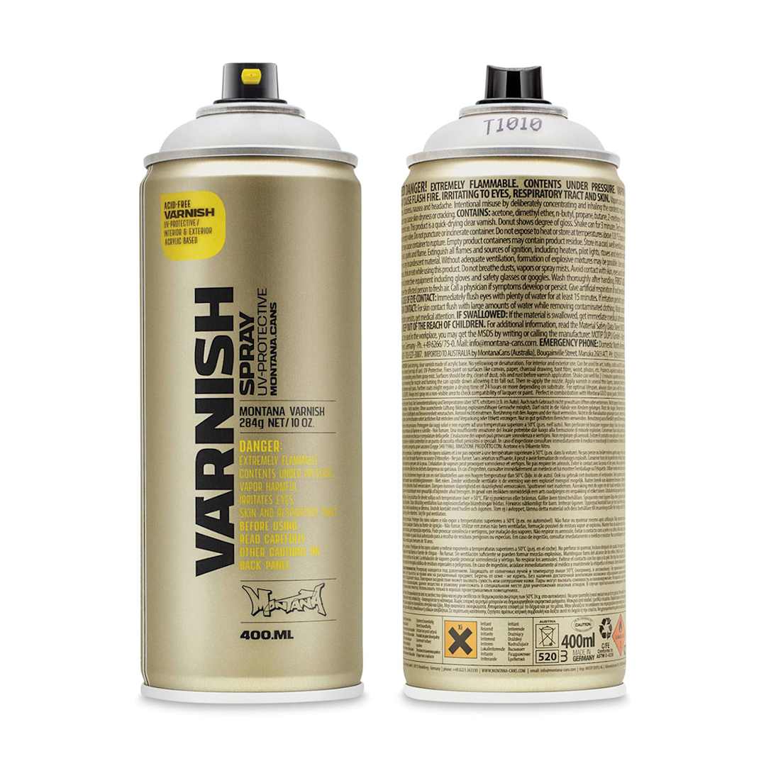 Open in modal - Montana Varnish Spray - Matte, 400 ml (Front and back of spray can)