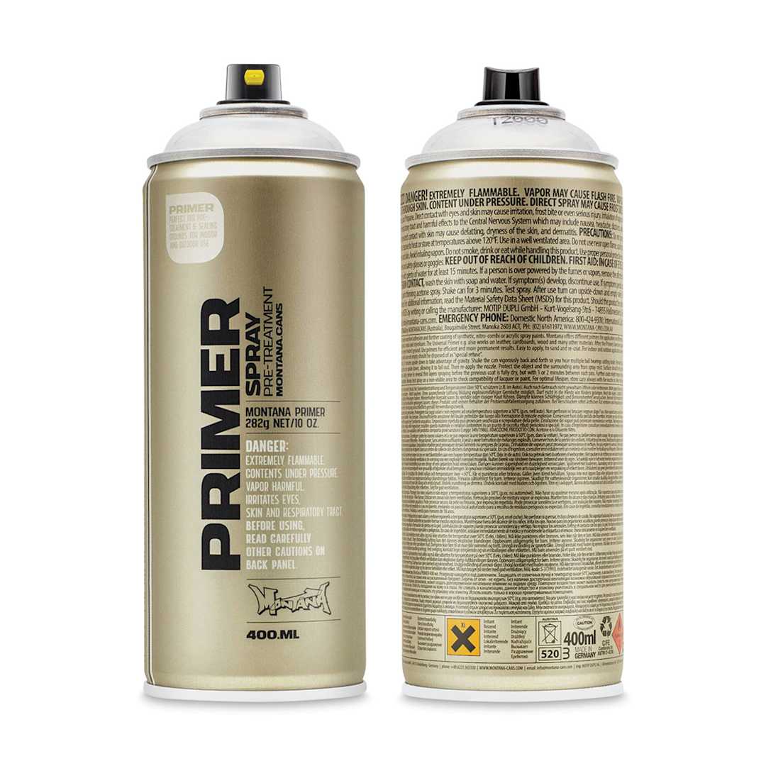 Open in modal - Montana Primer Spray - for use on Plastic, Front and back of spray can shown 