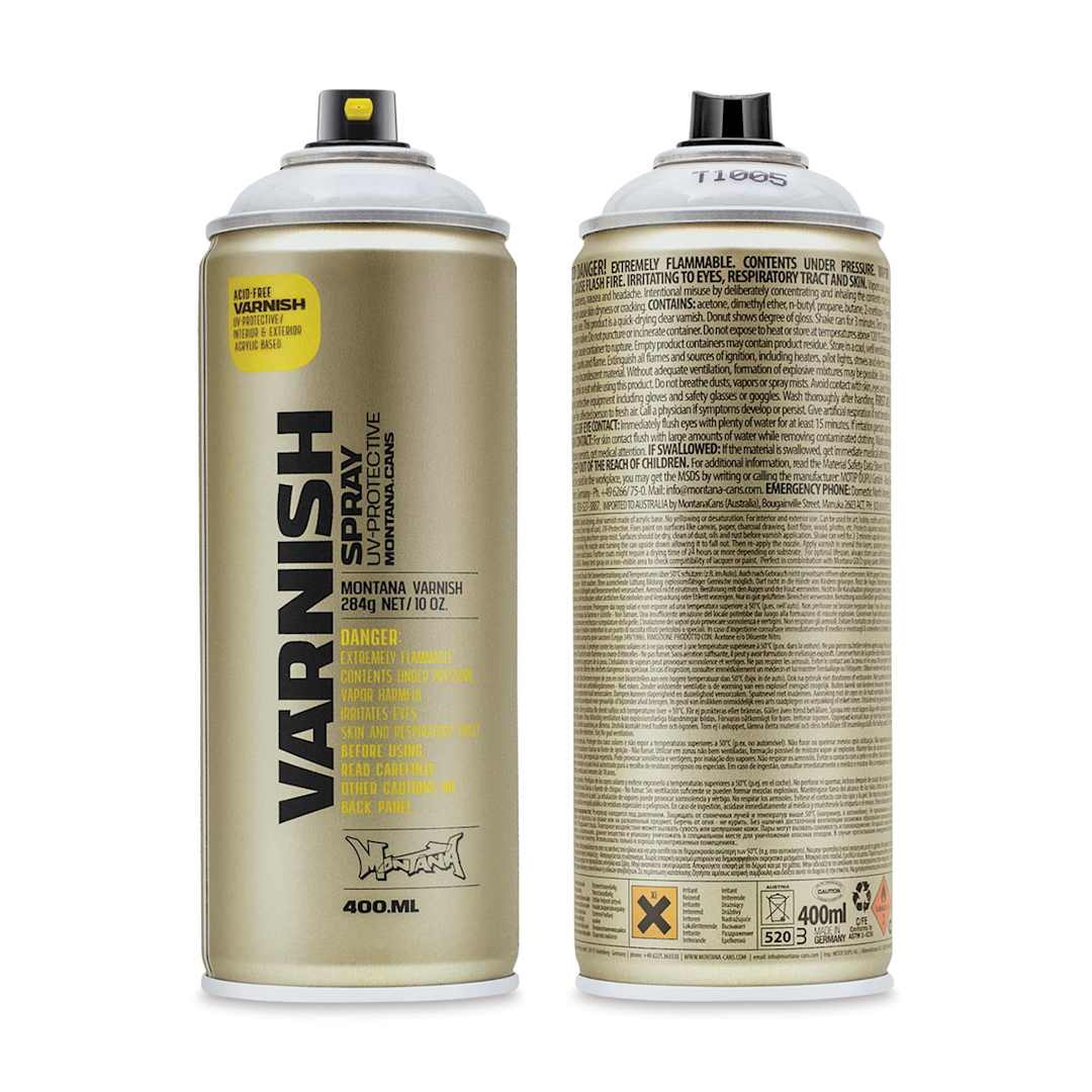 Open in modal - Montana Varnish Spray - Semi-Gloss, 400 ml (Front and back of spray can)