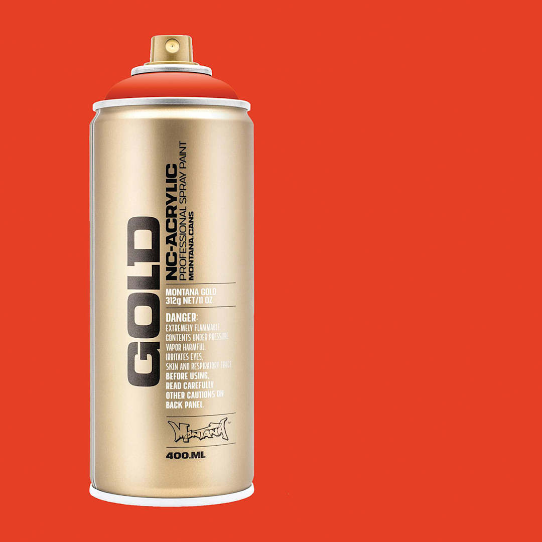 Open in modal - Montana Gold Acrylic Professional Spray Paint - Red Orange, 400 ml (Spray can with color swatch)