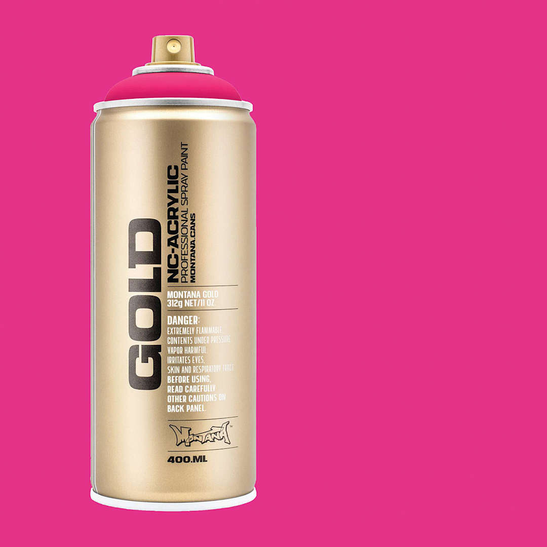 Open in modal - Montana Gold Acrylic Fluorescent Spray Paint - Gleaming Pink, 400 ml (Spray can with color swatch)