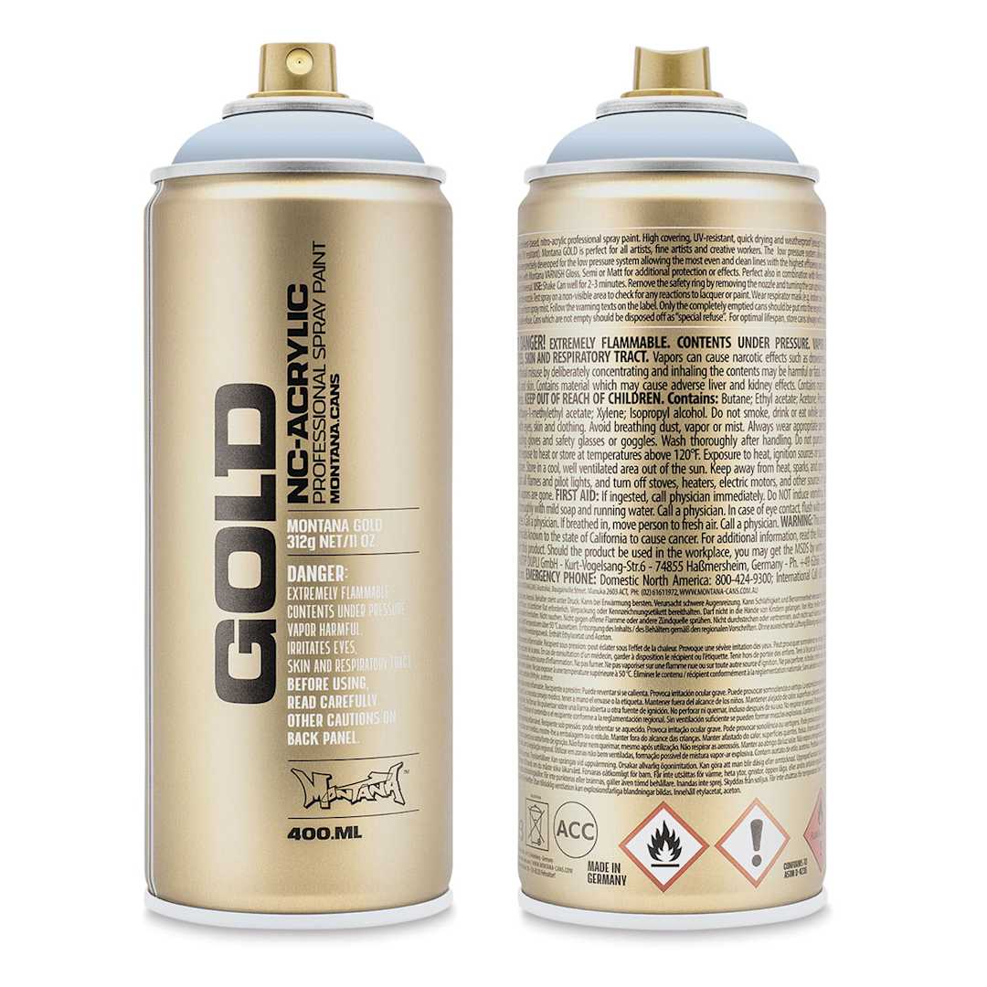 Open in modal - Montana Gold Acrylic Professional Spray Paint - Front and back of Denim Light 400 ml spray can shown