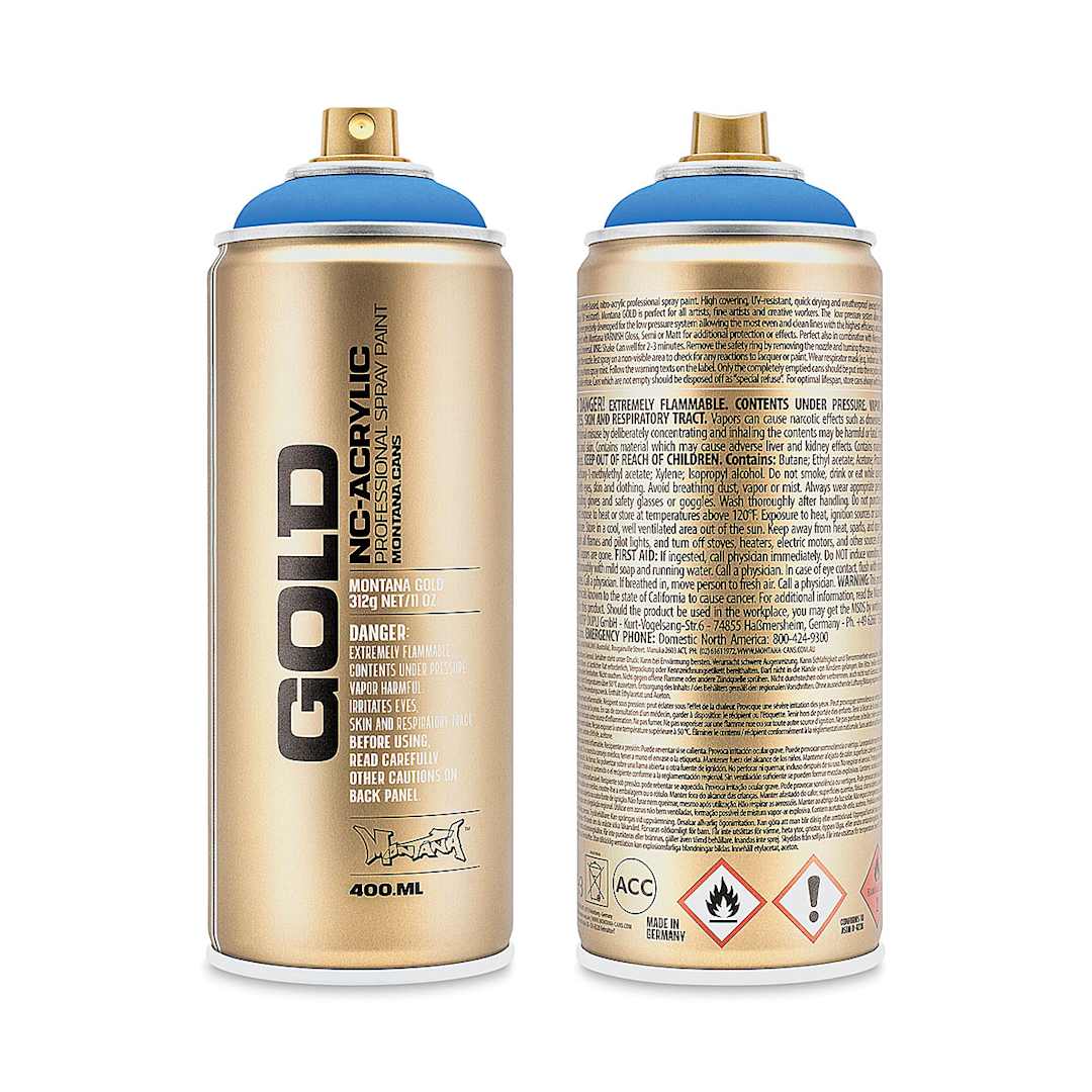 Open in modal - Montana Gold Acrylic Fluorescent Spray Paint - Flame Blue, 400 ml (Front and back of spray can)