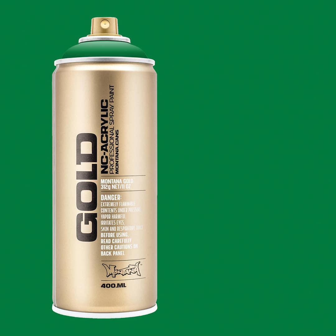Open in modal - Montana Gold Acrylic Professional Spray Paint - Shock Green, 400 ml (Spray can with color swatch)