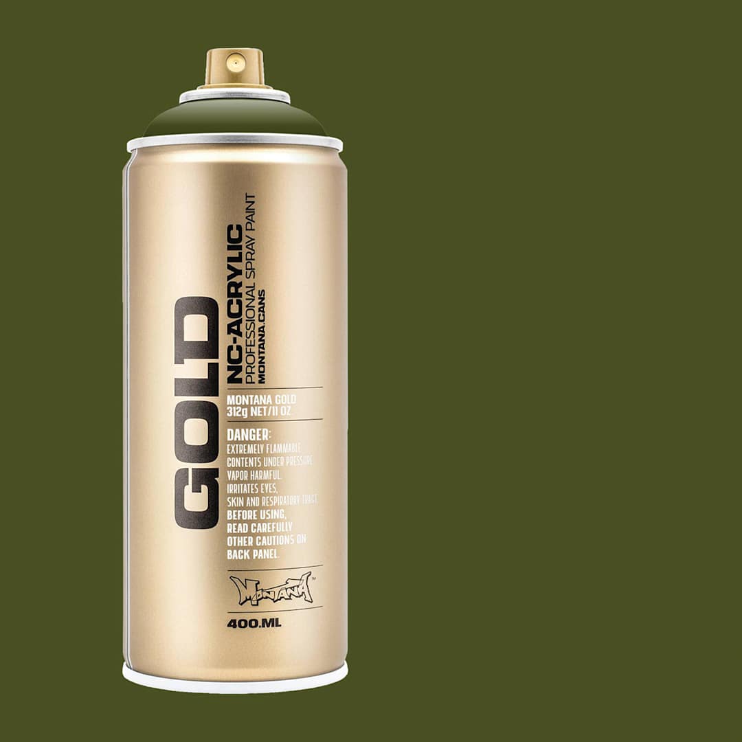 Open in modal - Montana Gold Acrylic Professional Spray Paint - Olive Green, 400 ml (Spray can with color swatch)