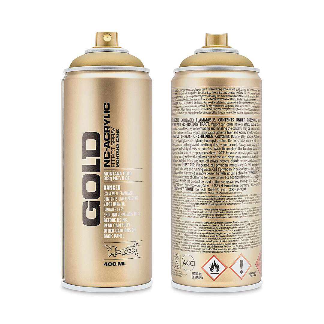 Open in modal - Montana Gold Acrylic Metallic Tones Spray Paint - Gold Matt, 400 ml, Front and back of spray can