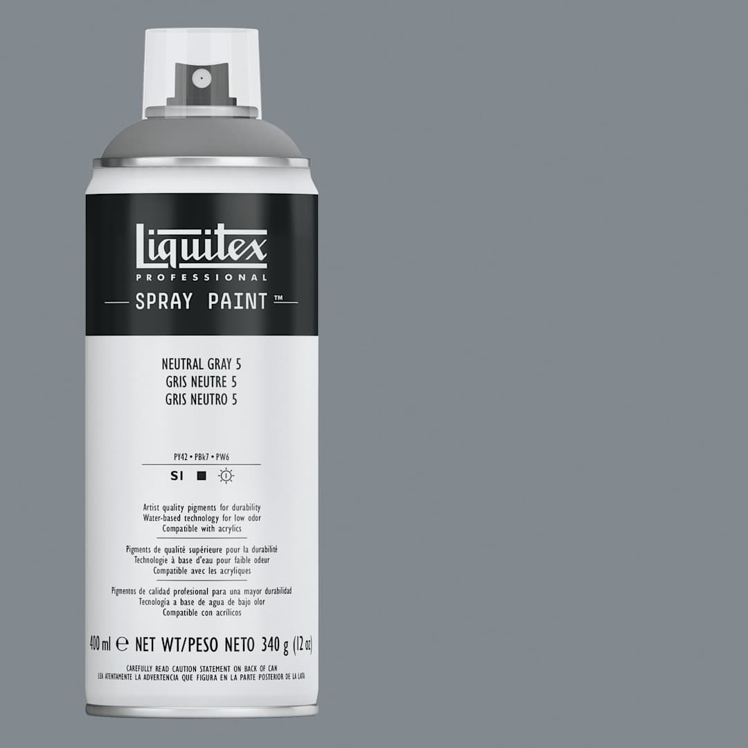 Open in modal - Liquitex Professional Spray Paint - Neutral Gray 5, 400 ml can and swatch