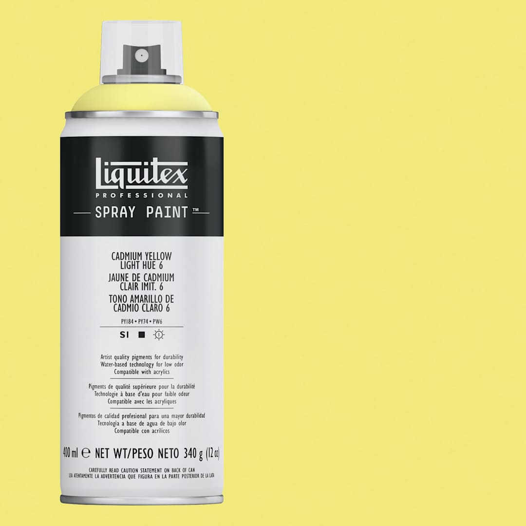 Open in modal - Liquitex Professional Spray Paint - Cadmium Yellow Light Hue 6, 400 ml can and swatch