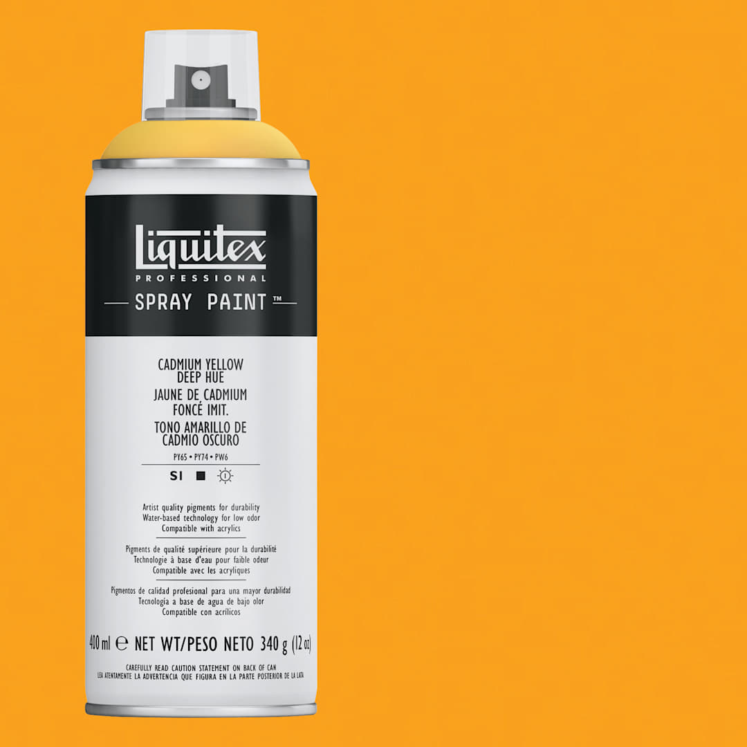 Open in modal - Liquitex Professional Spray Paint - Cadmium Yellow Deep Hue, 400 ml can and swatch