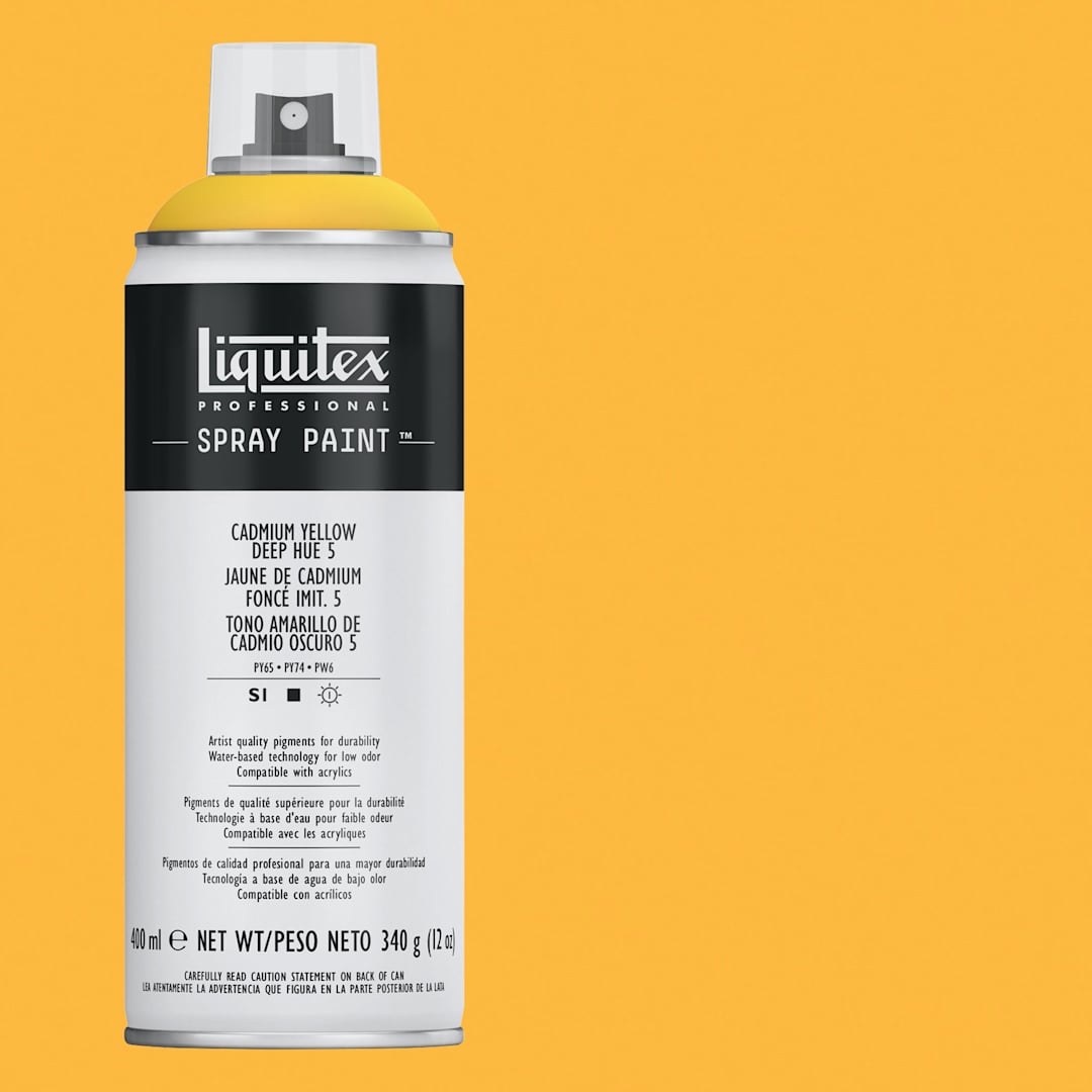 Open in modal - Liquitex Professional Spray Paint - Cadmium Yellow Deep Hue 5, 400 ml can and swatch