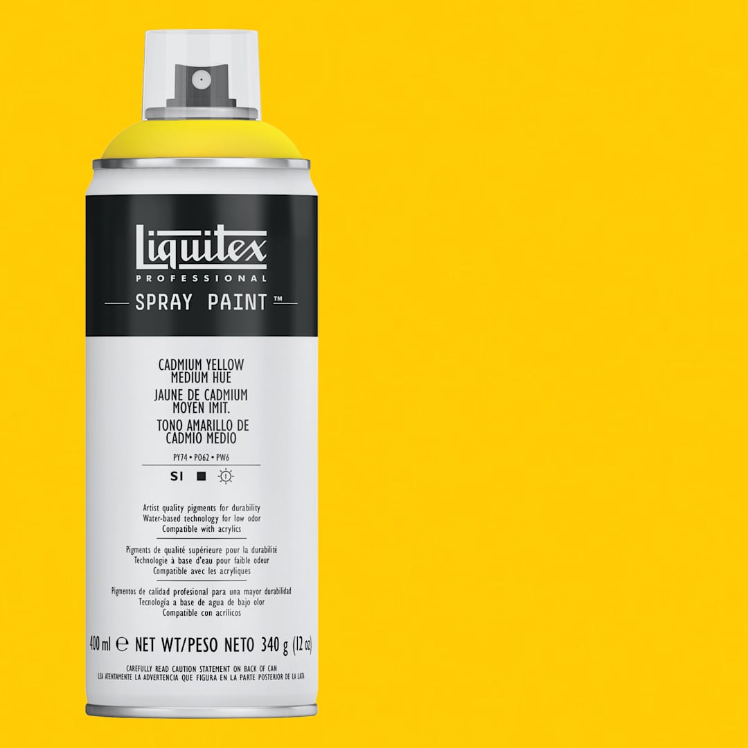 Open in modal - Liquitex Professional Spray Paint - Cadmium Yellow Medium Hue, 400 ml can and swatch