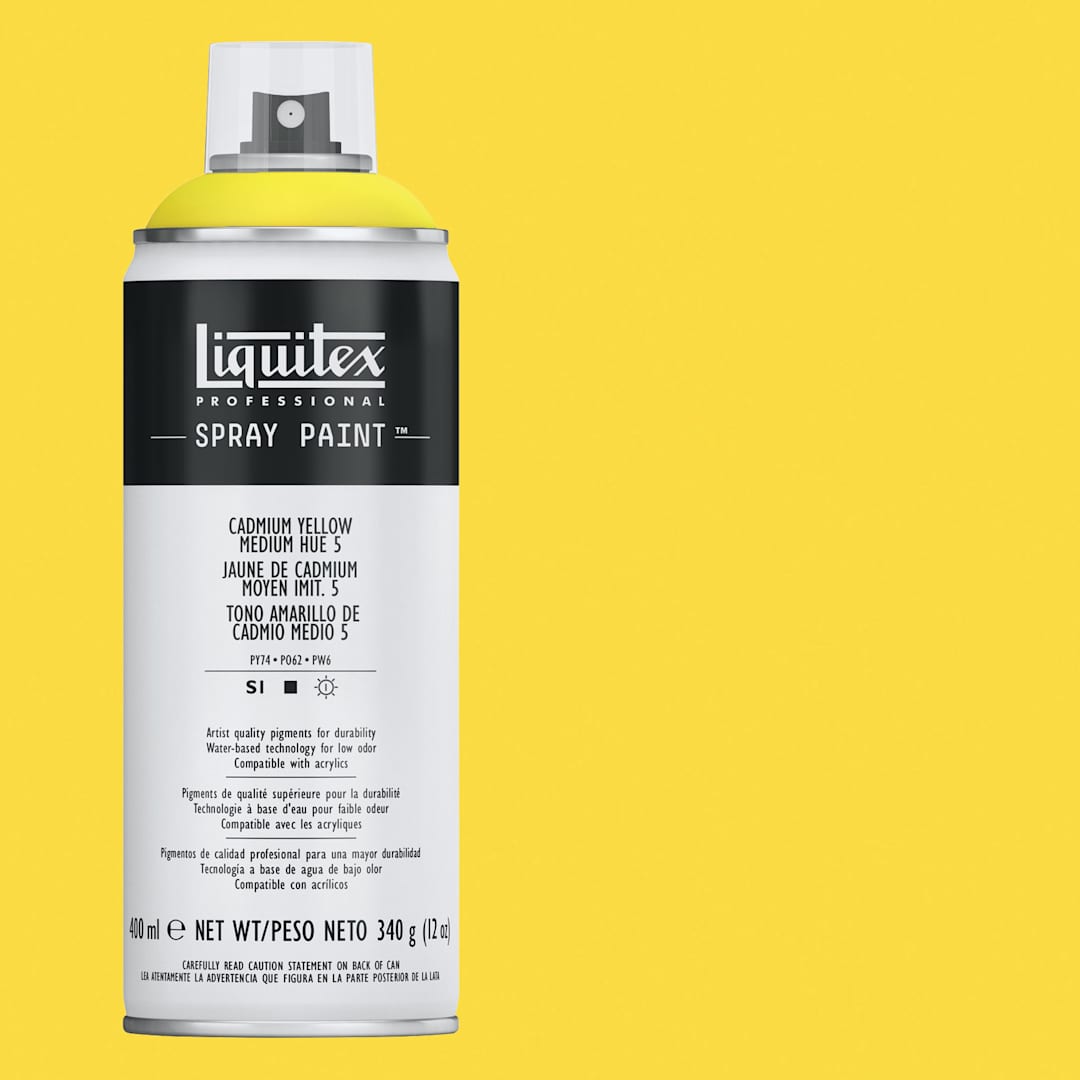 Open in modal - Liquitex Professional Spray Paint - Cadmium Yellow Medium Hue 5, 400 ml can and swatch