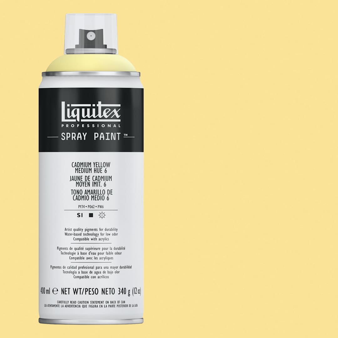 Open in modal - Liquitex Professional Spray Paint - Cadmium Yellow Medium Hue 6, 400 ml can and swatch