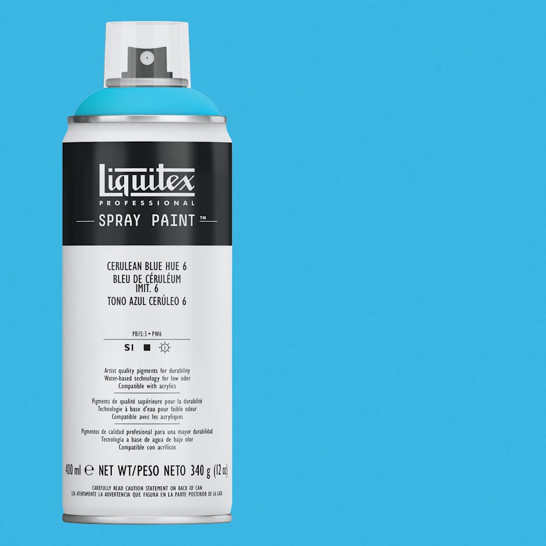 Open in modal - Liquitex Professional Spray Paint - Cerulean Blue Hue 6, 400 ml can and swatch