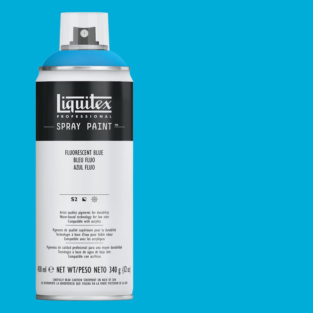 Open in modal - Liquitex Professional Spray Paint - Fluorescent Blue, 400 ml can and swatch